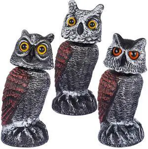 _Mega Brand  3 Pack Bird Scarecrow Fake Horned Owl Decoy, Rotating Head Plastic Owl Bird Deterrents, Nature Enemy Horned Pest Repellent for Outdoor Garden