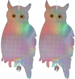 _Mega Brand Fake Owl Hanging Reflective Owl Woodpecker Bird Deterrent Control Device for House Windows Outdoor Garden Yard, 2 Pack