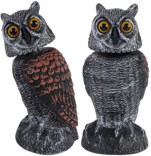 _Mega Brand 2 Pack Fake Owl Decoys to Scare Birds Away, Rotating Head Plastic Owl Bird Deterrents, 10.6 Inch Height Bird Scarecrow Nature Enemy Horned Pest Repellent for Outdoor Garden Yard