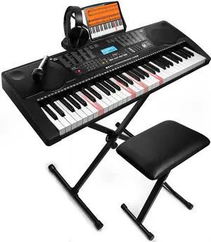 _Mega Brand 61 Key Portable Electronic Keyboard Piano w/Lighted Full Size Keys, LCD, Headphones, X-Stand, Stool, Music Rest, Microphone, Note Stickers, Built-In Speakers,3 Teaching Modes