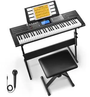 _Mega Brand 61 Key Keyboard Piano, Electric Piano Keyboard Kit with 249 Voices, 249 Rhythms - Includes Piano Stand, Stool, Microphone, Gift for Beginners, Black (DEK-610S)