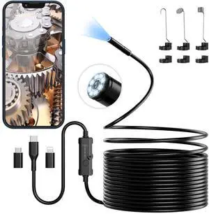 _Mega Brand Endoscope Camera with Light, 1920P HD Borescope Camera with 8 Adjustable LED Lights, 16.4ft Semi-Rigid Snake Camera with Light, IP67 Waterproof 7.9mm Inspection Camera for iOS and Android