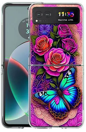 _Mega Brand Case for Motorola Razr 2023,Blue Butterfly Flowers Rose Anti-Scratch Solid Hard case Protective Shookproof Phone Cover for Motorola Razr 2023