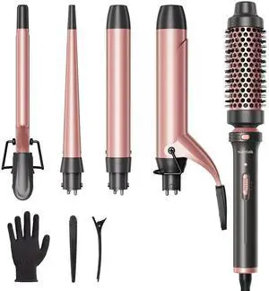 _Mega Brand 5 in 1 Curling Iron Set with Curling Brush and 4 Interchangeable Ceramic Curling Wand (0.35"-1.25), Wand Curling Iron Instant Heat Up, Dual Voltage Hair Curler