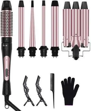 _Mega Brand 6 in 1 Wand Curling Iron, 3 Barrel Curling Iron Set with Thermal Brush (1.5") and 5 Interchangeable Ceramic Wand Curler (0.35"-1.25"), 2 Temp Heating Setting,