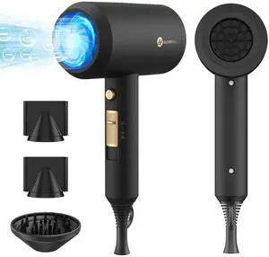 _Mega Brand Professional Ionic Hair Dryer, Powerful 1800W Fast Drying Low Noise Blow Dryer with 2 Concentrator Nozzle 1 Diffuser Attachments for Home Salon Travel (Black)