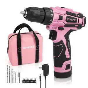 _Mega Brand Pink Cordless Drill Driver Set, 12V Electric Screwdriver Driver Tool Kit, 3/8" Keyless Chuck, Charger and Storage Bag Included - Pink Ribbon