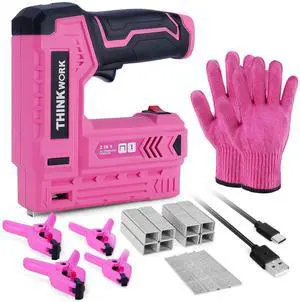 _Mega Brand Pink Electric Staple Gun - 2 in 1 Nail Gun Battery Powered with 1000Pcs Staples and Nails, 4V Cordless Upholstery Staple Gun for Wood, Brad Nailer with USB Charger for Carpentry, Crafts