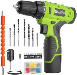 _Mega Brand Cordless Drill Set,12V Power Drill Set with Battery and Charger, Electric Driver/Drill Bits, 3/8'' Keyless Chuck,21+1 Torque Setting, 180 inch-lbs, with LED Electric Drill Set (Green)