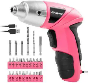 _Mega Brand  Electric Screwdriver 27pc 3.6V Pink USB Small Power Screwdriver Set. Cordless & Rechargeable with Driver Bit Set