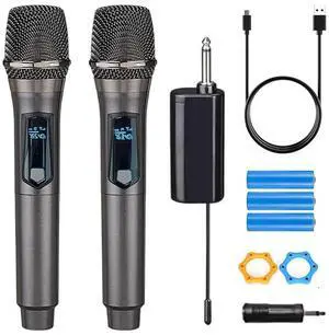 _Mega Brand Wireless Microphone, Rechargeable Fixed Frequency Wireless Dual Microphone, Dual Handheld Dynamic Microphone,Karaoke Singing, Weddings DJ,Party, Church, Classroom use, 200 feet, Gray