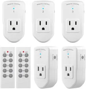 BN-LINK Wireless Remote Control Outlet Electrical Switch for Lights, Fans, Christmas Lights, Small Appliance, 100ft Long Range White (Learning Code, 5Rx-2Tx) 1200W/10A, ETL & FCC Certified