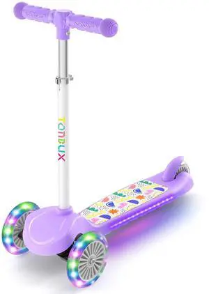 _Mega Brand Kids Scooter for Ages 3-8, Toddler Scooter with Light-Up Deck and Wheels, Adjustable 4-Level Height 3-Wheel Scooters for Kids, Lean-to-Steer Design (Purple)