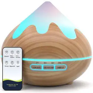 _Mega Brand 500ML Essential Oil Diffuser, Aromatherapy Diffuser with Remote Control, Multifunctional Air Diffusers for Home Office Room, Fragrance Aroma Diffuser with 7 Color LED & 2 Mist Mode, Brown