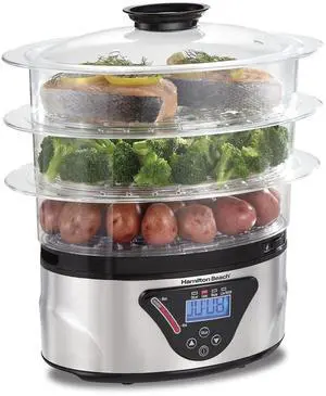 _Mega Brand  Digital Electric Food Steamer & Rice Cooker for Quick, Healthy Cooking with Stackable Three-Tier Bowls for Vegetables and Seafood, 8.25 Quart, Black & Stainless Steel