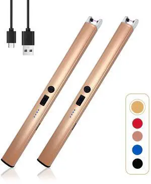 _Mega Brand 2 PCS Candle Lighter,Windproof Flameless Electric Lighter with LED Power Display  Safety Switch, Upgraded Plasma USB Rechargeable Lighters for Birthday Camping BBQ (Champagne Gold)