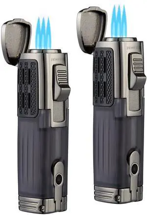 _Mega Brand Cigar Lighter Triple Jet Flame Torch Lighter Refillable Butane Lighter with Cigar Punch, 2 Pack, Charcoal