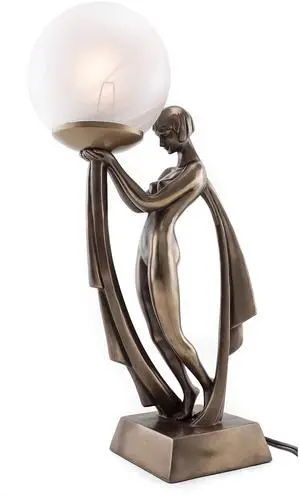 _Mega Brand  Modern Art Deco Lady Lamp Statue - Decorative Table Lamp Sculpture in Premium Cold Cast Bronze- 16-Inch Collectible Beautiful Light Lighting Decor Goddess Figurine