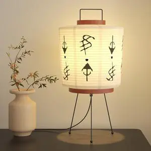_Mega Brand Handmade Akari Table Lamp - Japanese Washi Paper Lantern - E26 Socket with Inline Cord Switch - 3 Color Temperature Bulb Included - Japandi Style Ambient Light - 21" Height
