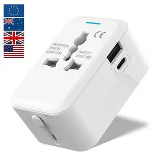 _Mega Brand Universal Travel Adapter White  4-Plug All-in-One International Converter Type C PD 30 W USB-C & USB-A, EU UK USA AUS Grounded Plug, 6A Fuse