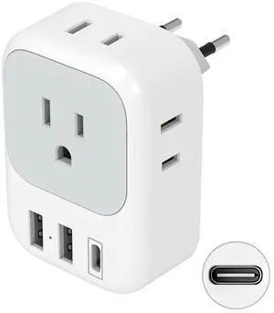_Mega Brand TESSAN 7-in-1 EU Type C Adapter   4 AC + 3 USB Ports, 2500 W, US to France/Germany/Italy/Spain/Iceland, Mini Travel Plug.