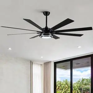 _Mega Brand 72" Matte Black Smart Ceiling Fan with Integrated LED Light and Remote Control - Perfect for Large Rooms.