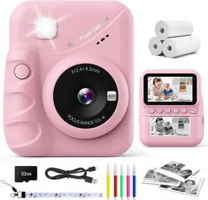 _Mega Brand Kids Camera Instant Print  48MP Digital Camera with 3.0" IPS Screen, 1080P Video, 2×3" Zero-Ink Printer & 32GB Card  3-12 Year Old Girls & Boys Birthday/Christmas Gift (Pink).