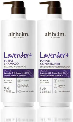 Alfheim Lavender+ Purple Shampoo & Conditioner Set | Neutralize Brassiness & Enhance Cool Tone for Platinum, Silver & Blonde Hair | Anti Brass While Hydrating | Paraben-Free, Color-Safe | 33.8 oz Each