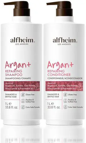 Alfheim Argan Repairing Shampoo & Conditioner Set | Sulfate-Free for Dry & Damaged Hair | Argan Oil, Keratin & Niacinamide Infused to Strengthen & Moisturize, Reduce Breakage & Anti-Frizz | 33.8oz*2