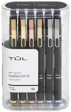 TUL® BP Series Retractable Ballpoint Pens, Medium Point, 1.0 mm, Black Barrel, Black Ink, Pack Of 12 Pens