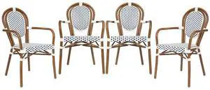 Flash Furniture Lourdes Indoor/Outdoor Commercial Thonet Bistro Stack Chair - Arms - White/Navy PE Rattan Back and Seat - NAT Bamboo Print Metal Frame - 4 PK