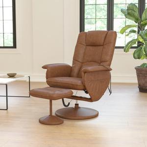 Flash Furniture Cason Massaging Adjustable Recliner with Deep Side Pockets and Ottoman with Wrapped Base in Brown LeatherSoft