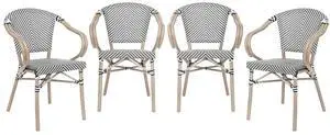 Flash Furniture Marseille Indoor/Outdoor Commercial Bistro Stack Chair - Arms - Blk/Wht Textilene Back and Seat - LT Natural Bamboo Print Metal Frame - 4 Pack