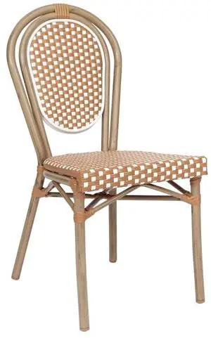Flash Furniture Lourdes Indoor/Outdoor Commercial Thonet Bistro Stack Chair - Natural/White PE Rattan Back and Seat - Light Natural Bamboo Print Metal Frame