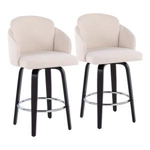 LumiSource Dahlia Contemporary Fixed Counter Height Stool in Black Wood with Round Chrome Footrest - Set of 2 (Cream Fabric)