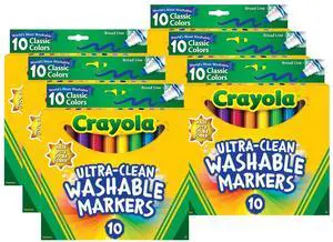 Crayola Ultra-Clean Markers, Broad Line, Classic Colors, 10 Per Pack, 6 Packs