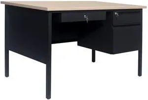 Flash Furniture Cambridge Right Side Single Pedestal Desk with 3 Locking Drawers, Commercial Grade Teacher's or Office Desk, 30x48, Metal Frame, White Oak/Black