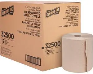 Genuine Joe Embossed Hardwound Roll Towels, 2" Core, 1-Ply, 7.88" x 600', Kraft, 12 Count