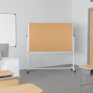 64.25" W x 64.75" H Reversible Mobile Cork Bulletin Board and White Board with Pen Tray 64.25" W x 64.75" H Reversible Mobile Cork Bulletin Board and White Board with Pen Tray