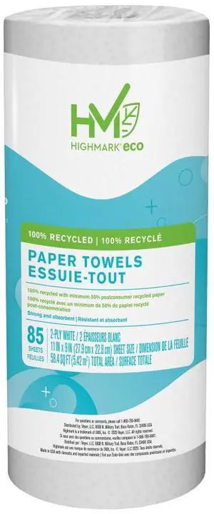 Highmark Brand 100% Recycled 2-Ply Paper Towels, 11 x 9, 85 Sheets Per Roll, Case Of 30 Rolls