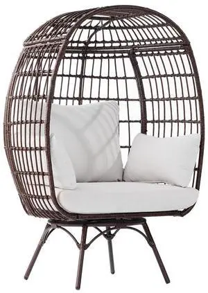 Flash Furniture Zola Commercial Indoor/Outdoor Swivel Lounge Chair, Oversized Wicker Egg Chair, 360 Degree Swivel, High Back, 4 Cushions, Cream/Brown