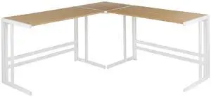 LumiSource Roman L Shaped Desk, Home Office Desk, Computer Desk, White Desk, Natural Wood Desk for Bedroom, L Shaped Gaming Desk, Farmhouse Desk