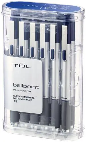 TUL BP3 Ballpoint, Retractable, Medium Point, 1.0 mm, Silver Barrel, Blue Ink, Pack Of 12