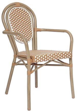 Flash Furniture Lourdes Indoor/Outdoor Commercial Thonet Bistro Stack Chair - Curved Arms - NAT/White PE Rattan Back and Seat - Lt NAT Bamboo Print Metal Frame
