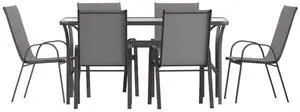 Flash Furniture Brazos Commercial Outdoor Dining Set, 60" Tempered Glass Patio Table with Umbrella Hole, 6 Stack Chairs with Flex Comfort Seats and Backs, Gray/Black