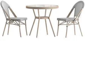 Flash Furniture Marseille Indoor/Outdoor Commercial Bistro Set - Tempered Glass Top Table - 2 Chairs - Textilene - Lt NAT Bamboo Print Aluminum Frame - Blk/Wht