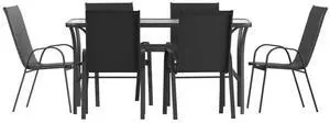 Flash Furniture Brazos Commercial Outdoor Dining Set, 60" Tempered Glass Patio Table with Umbrella Hole, 6 Stack Chairs with Flex Comfort Seats and Backs, Black/Black
