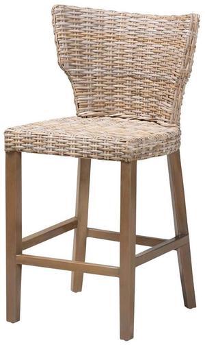 bali & pari Enver Bohemian Gray Kubu Rattan and Mahogany Wood Counter Stool