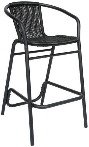 Flash Furniture Lila Commercial Grade Rattan Indoor-Outdoor Commercial Restaurant Barstool - Rattan Seat and Back - Footrest - Black