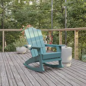 Flash Furniture Newport Adirondack Rocking Chair with Cup Holder, Weather Resistant Poly Resin Adirondack Rocking Chair, Blue